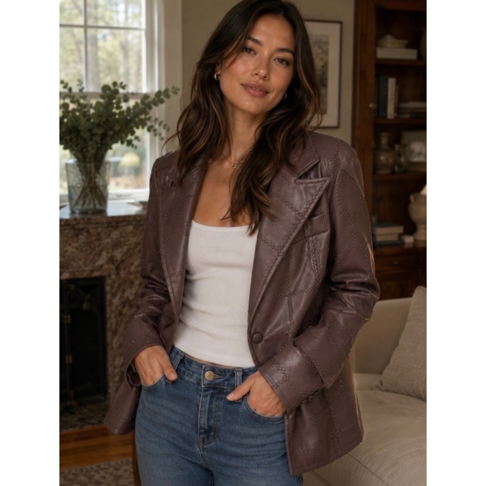 Bagatelle NWOT Chocolate Women's Vegan Leather Blazer Large quilted embroidered